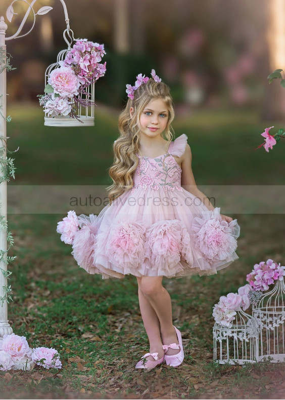 Pink Embroidered Lace Ombre Tulle Pompoms Flower Girl Dress